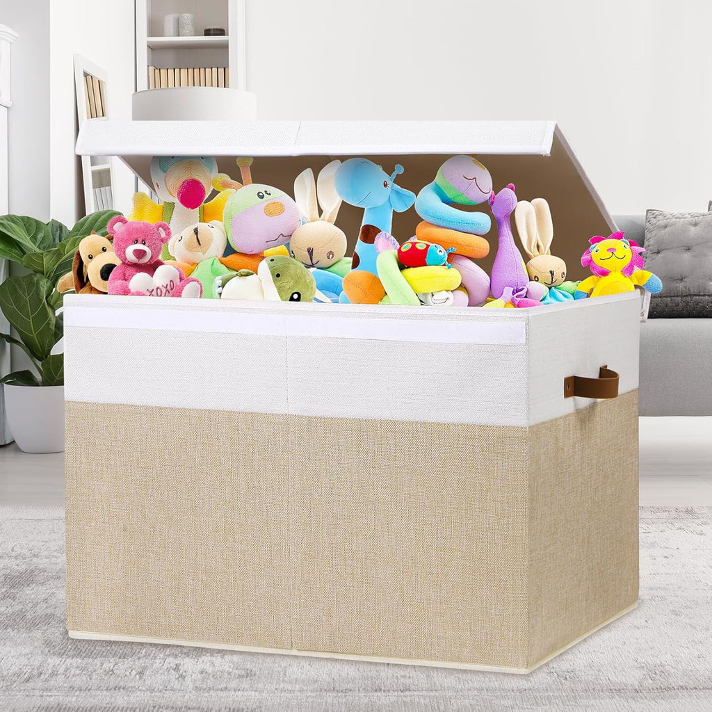 Extra Large Toy Storage Box with Lid, Beige and White U345