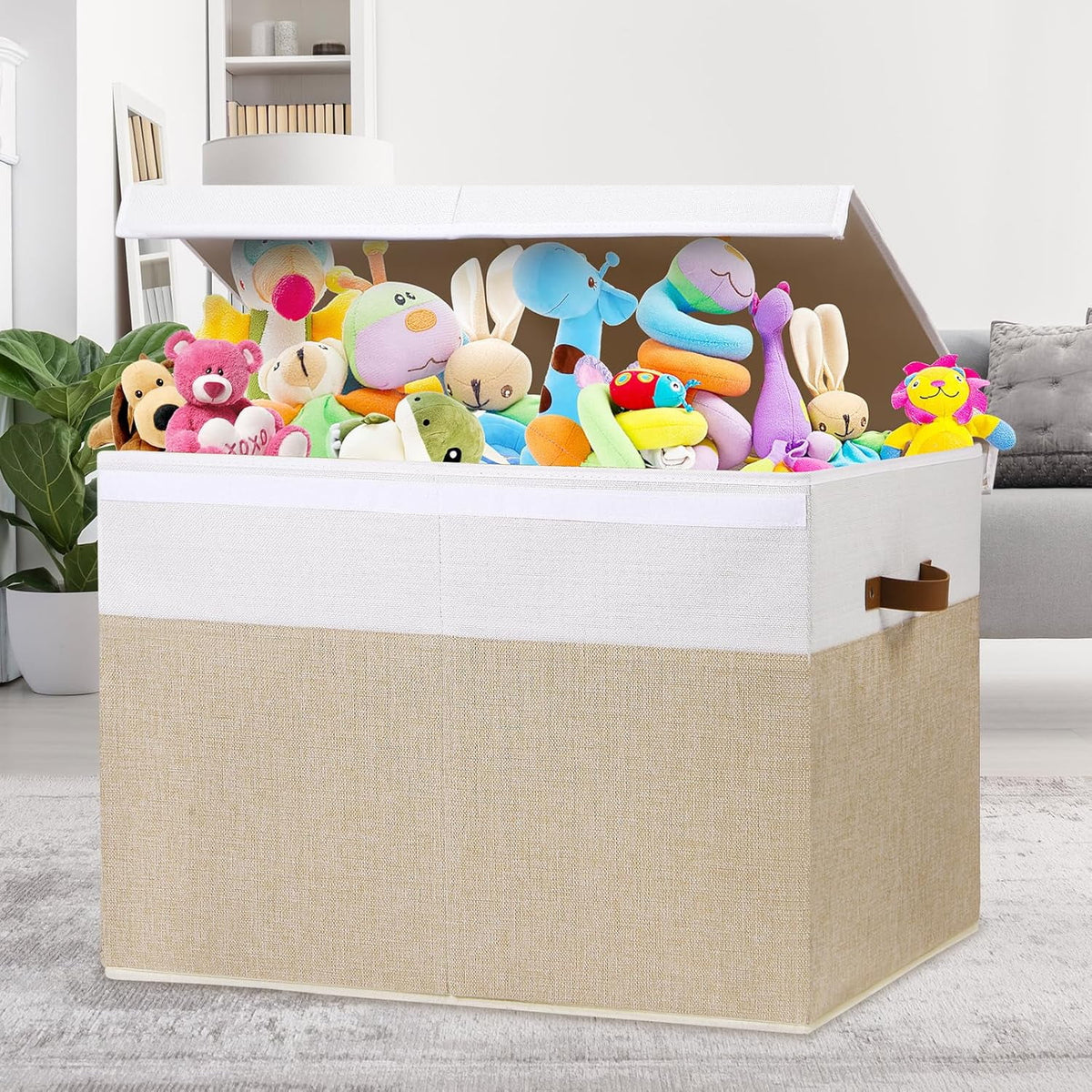 Extra Large Toy Storage Box with Lid, Beige and White U345