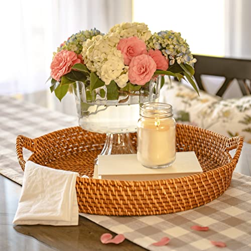 Round Wicker Rattan Tray 18 inches Hand Woven Natural Serving Tray with Handles H13058