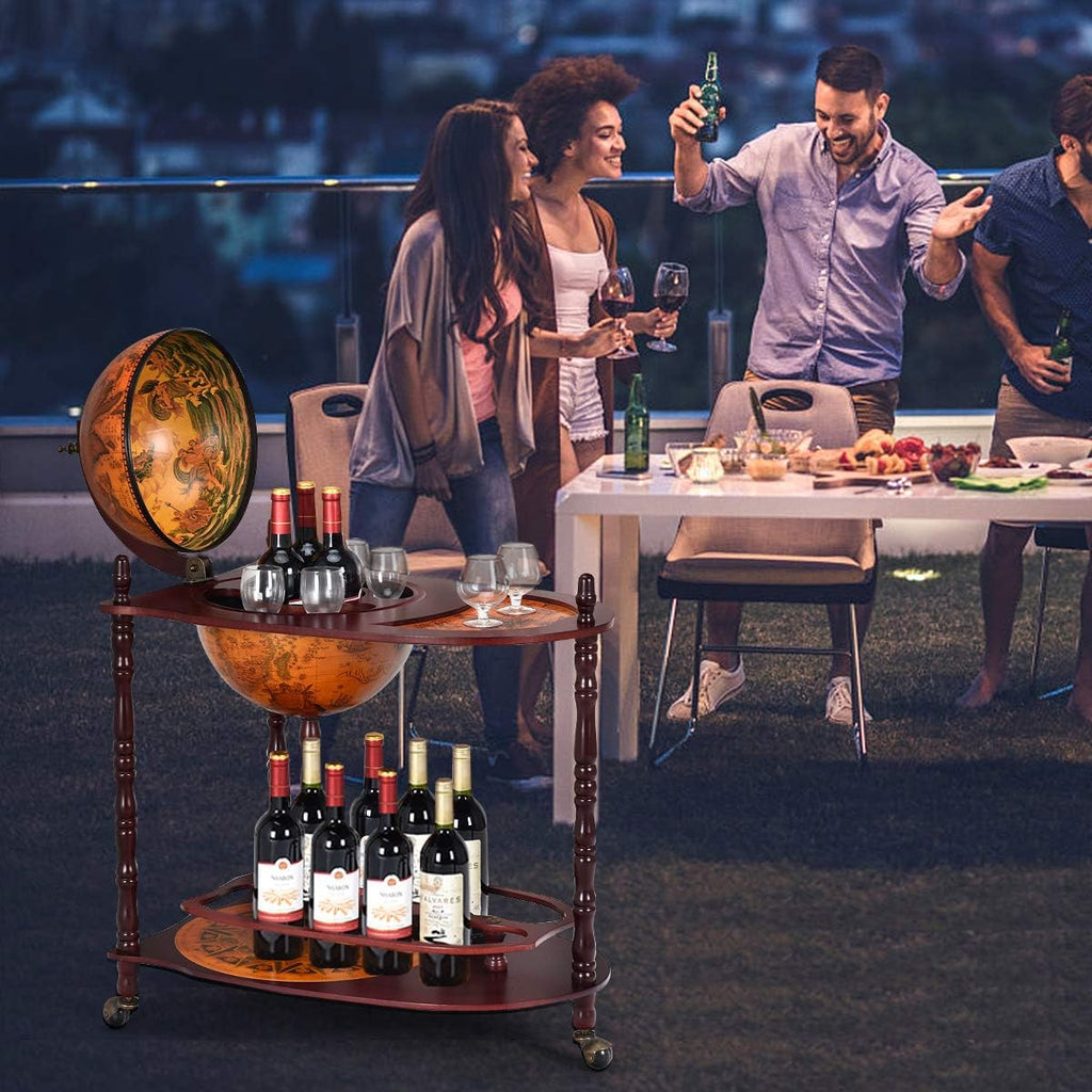 34.5’’ Wine Bar Cart with Wheels, 2 Storage Shelves, Wood Liquor Cabinet O4557