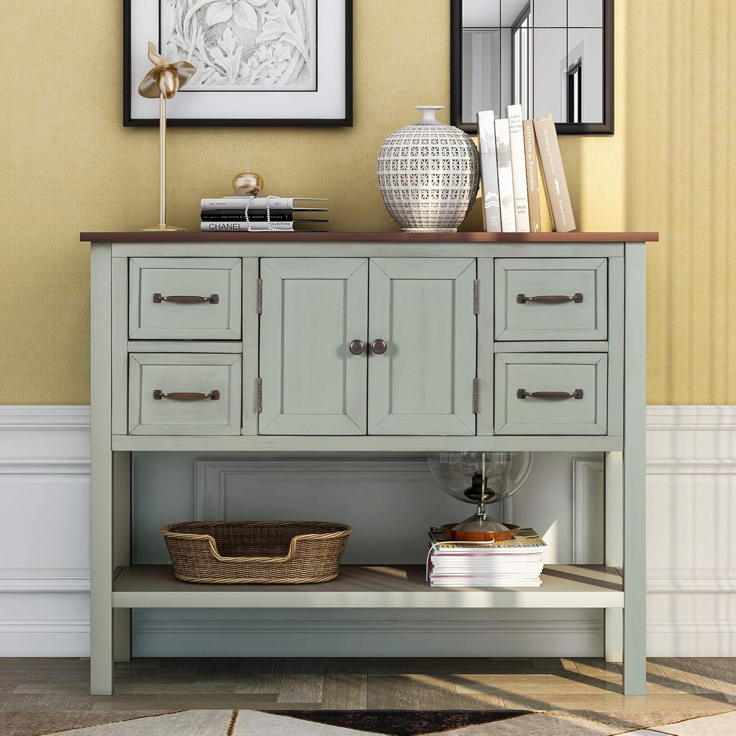 Light Green 6 Drawers Sideboard Console Table with Cabinet and Bottom Shelf S7722