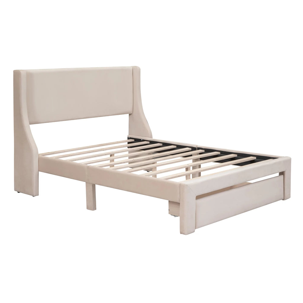 Beige Velvet Full Size Bed Frame with Storage Drawer R3638