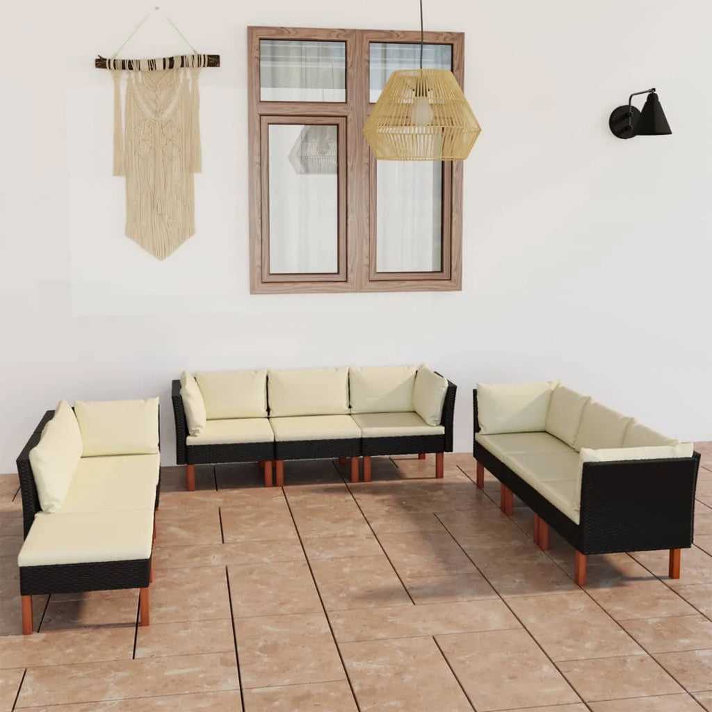 9 Piece Patio Set with Cushions Poly Rattan Black D663
