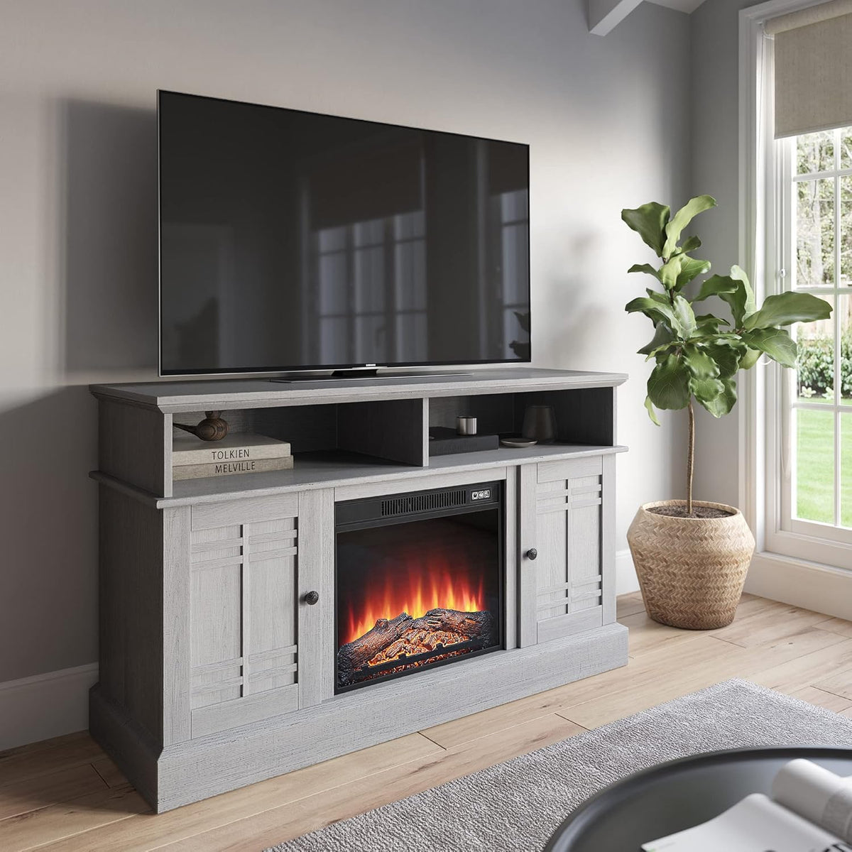 Modern Farmhouse Electric Fireplace TV Stand with Open Storage Shelves & Cabinets J1924