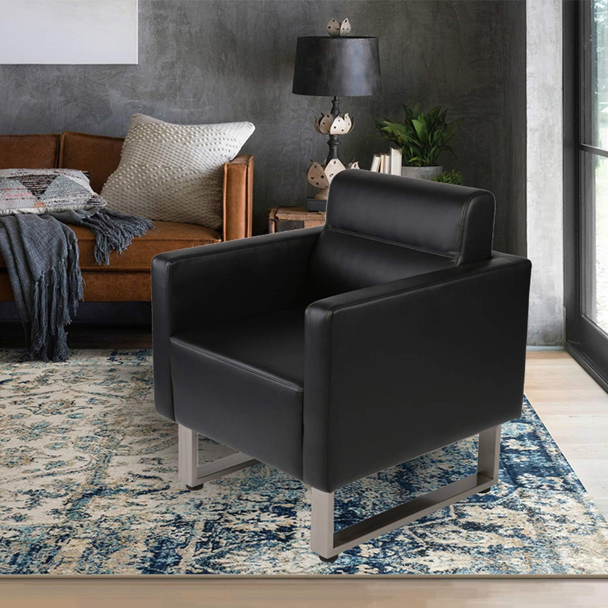 Black Leather Club Chair with Cushion P1974