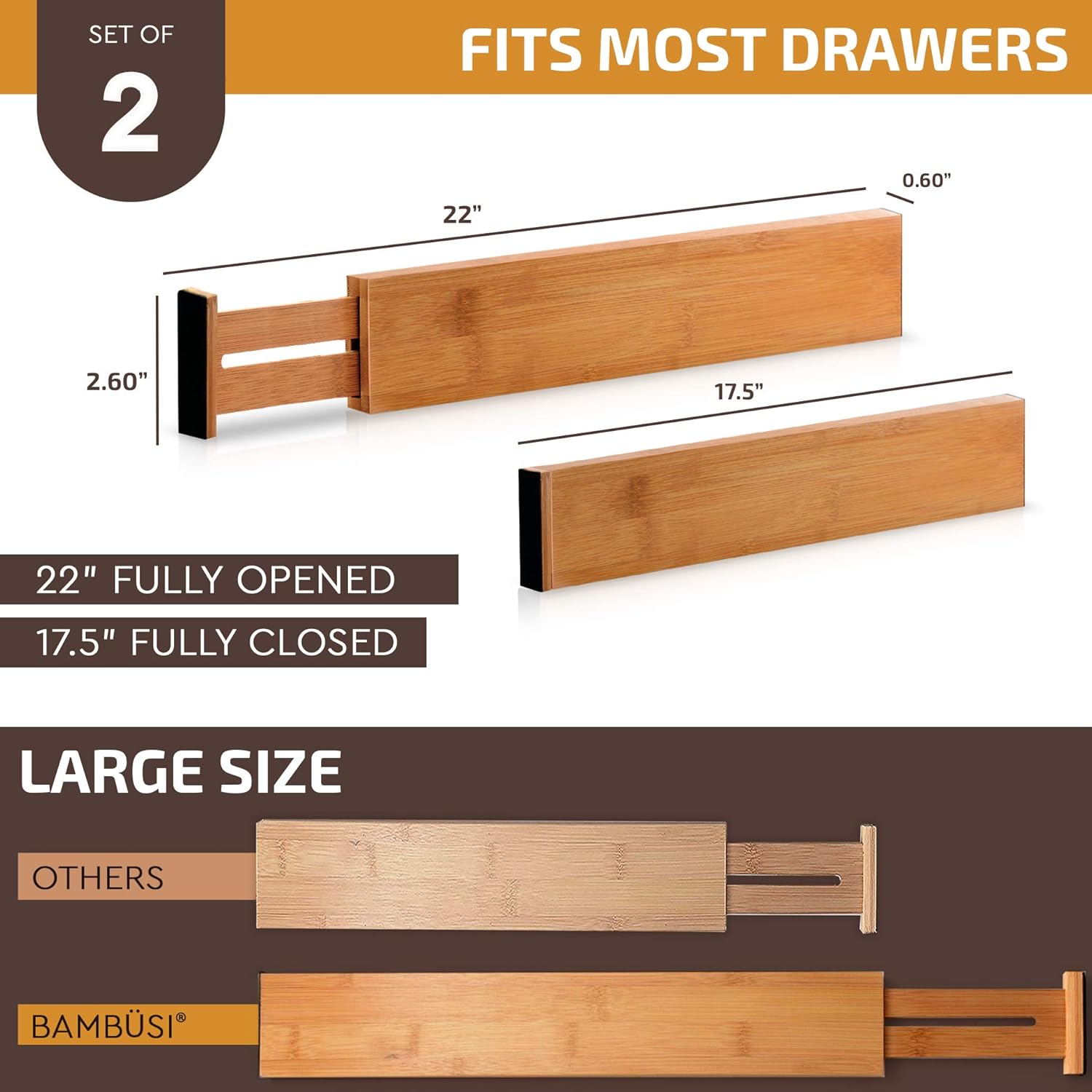 Natural Bamboo 2-Pack Expandable Drawer Divider Organizers E597