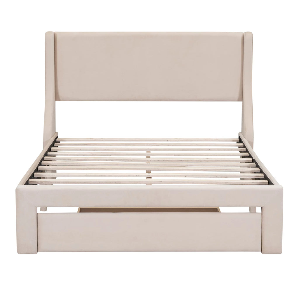 Beige Velvet Full Size Bed Frame with Storage Drawer R3638