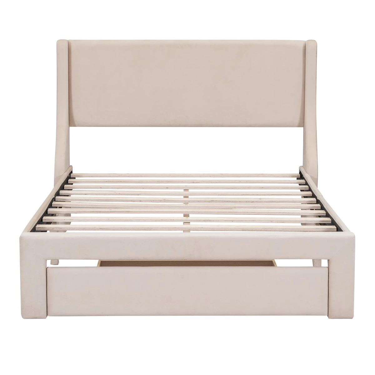 Beige Velvet Full Size Bed Frame with Storage Drawer R3638