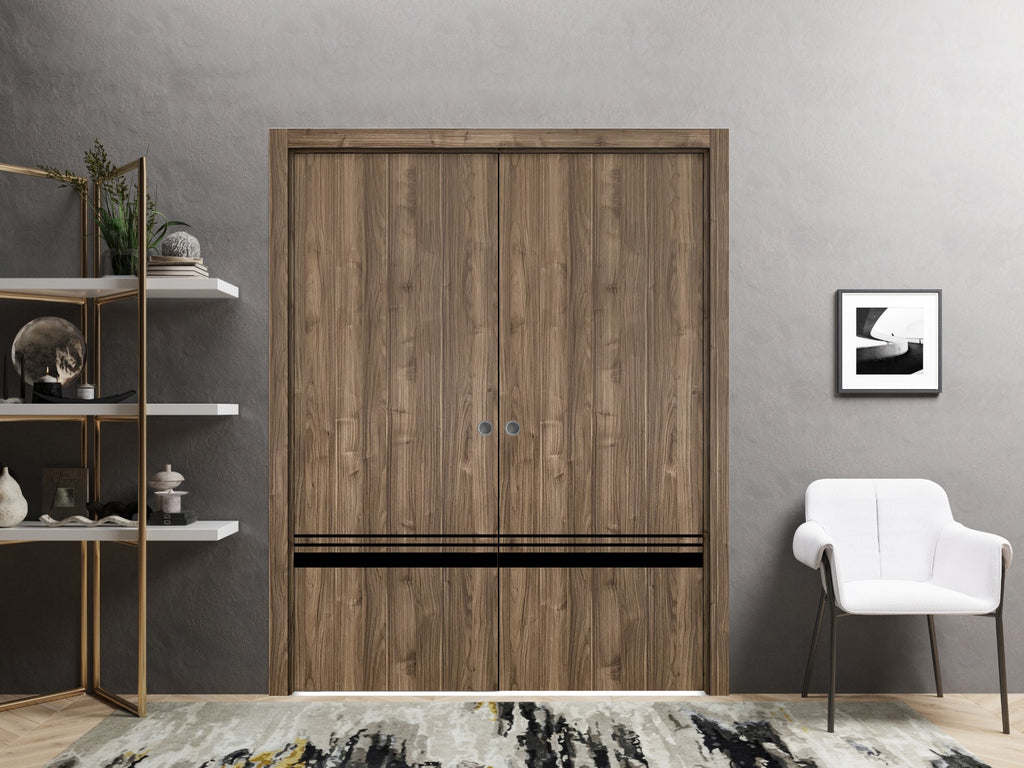 Sliding French Double Pocket Doors 48 x 80 inches Walnut with Frosted Glass Solid Wood Interior Doors S864799