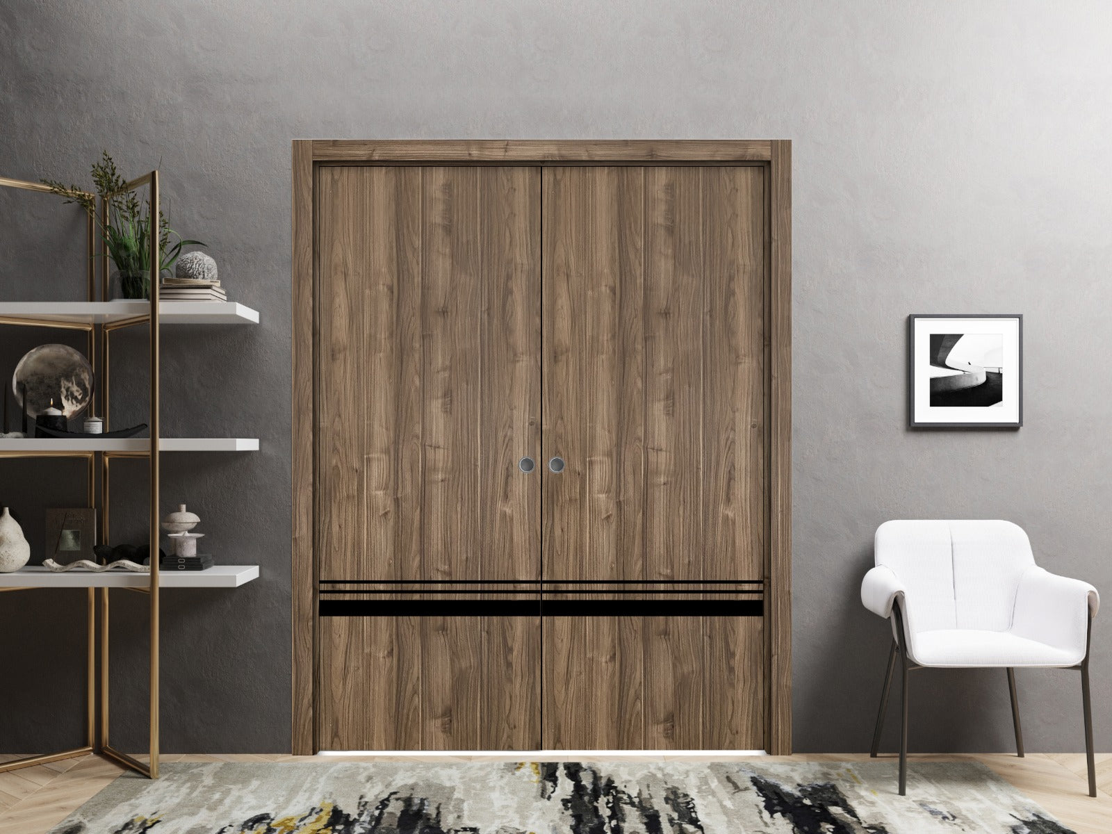 Sliding French Double Pocket Doors 48 x 80 inches Walnut with Frosted Glass Solid Wood Interior Doors S864799