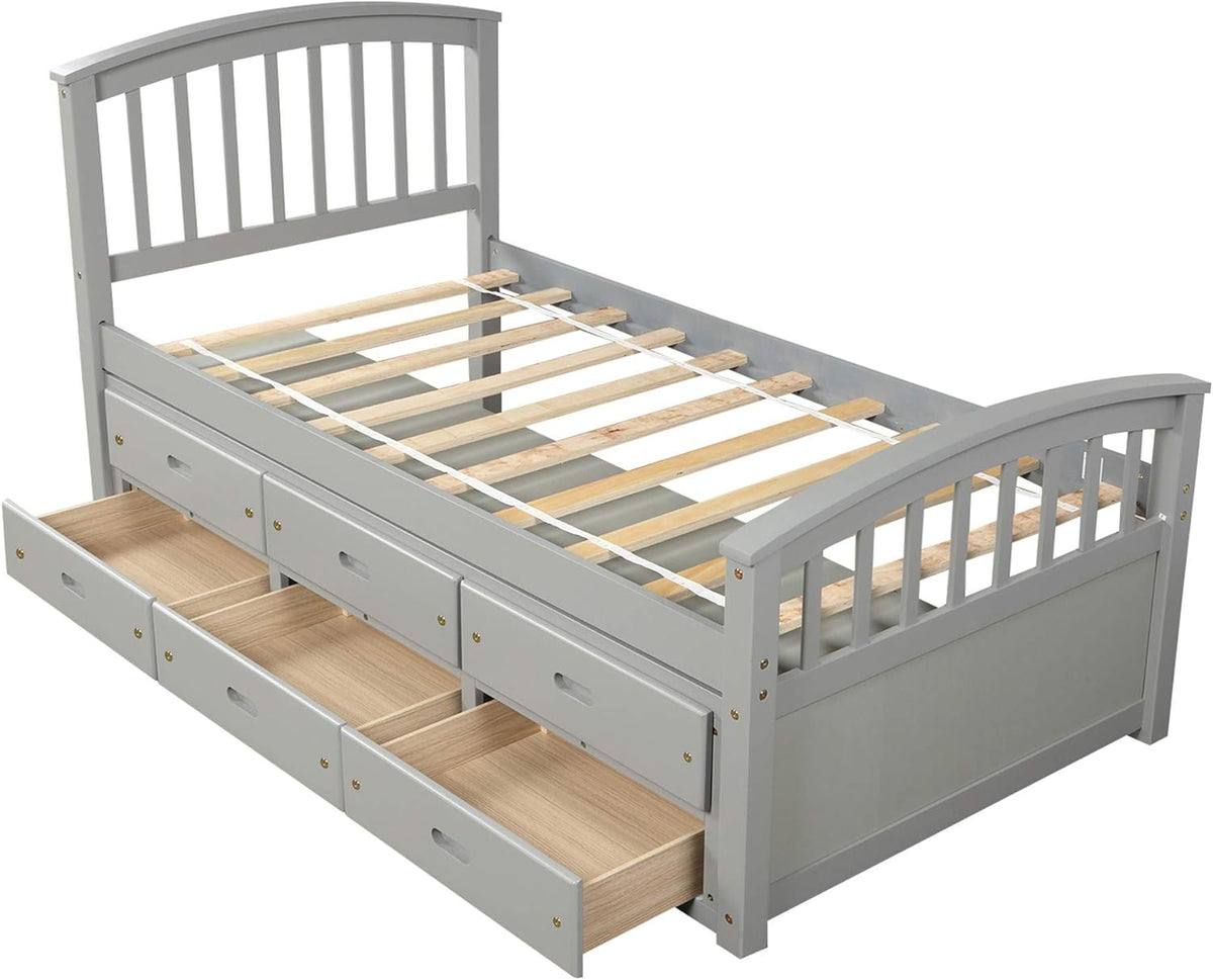 Twin Size Solid Wood Platform Storage Bed with 6 Drawers R12869