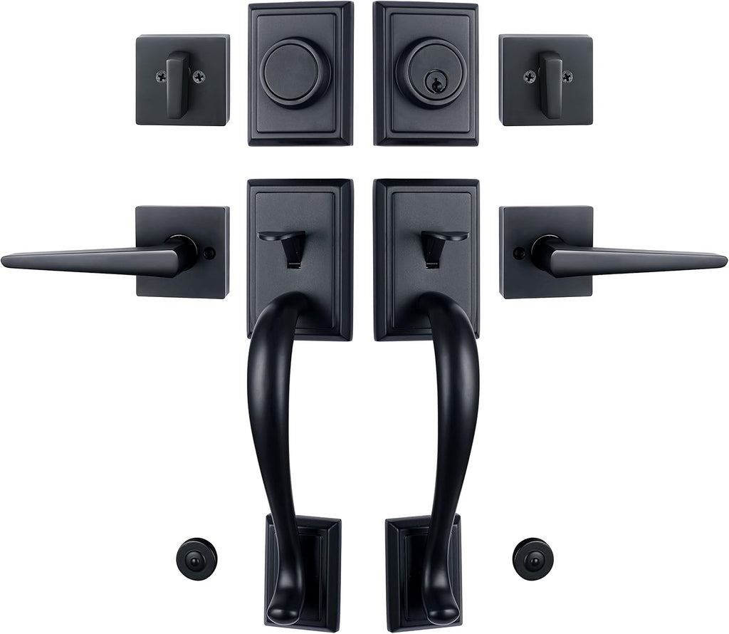 Matte Black Double Door Handleset with Single Cylinder Deadbolt Lock and Lever U83638