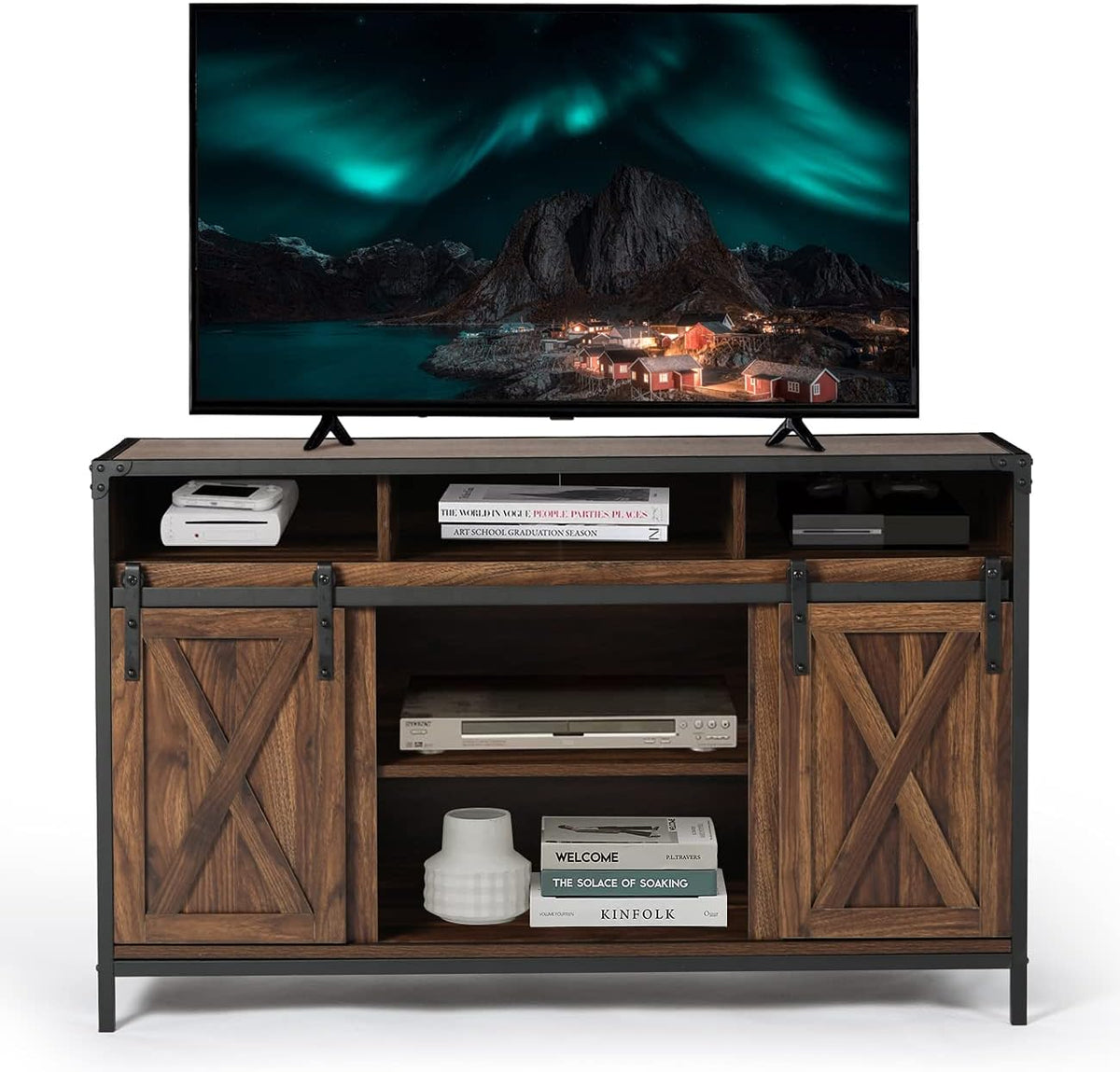 Barn Door Wood Electric Fireplace TV Stand with Storage Cabinets and Infrared Heater Q7333
