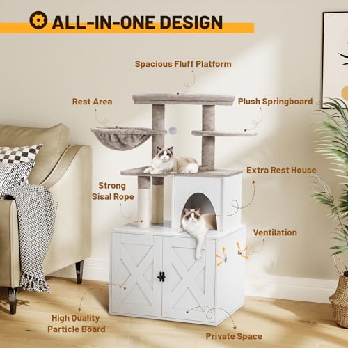 White Wooden Cat Litter Box Enclosure with Cat Tree Tower and Condo I716854