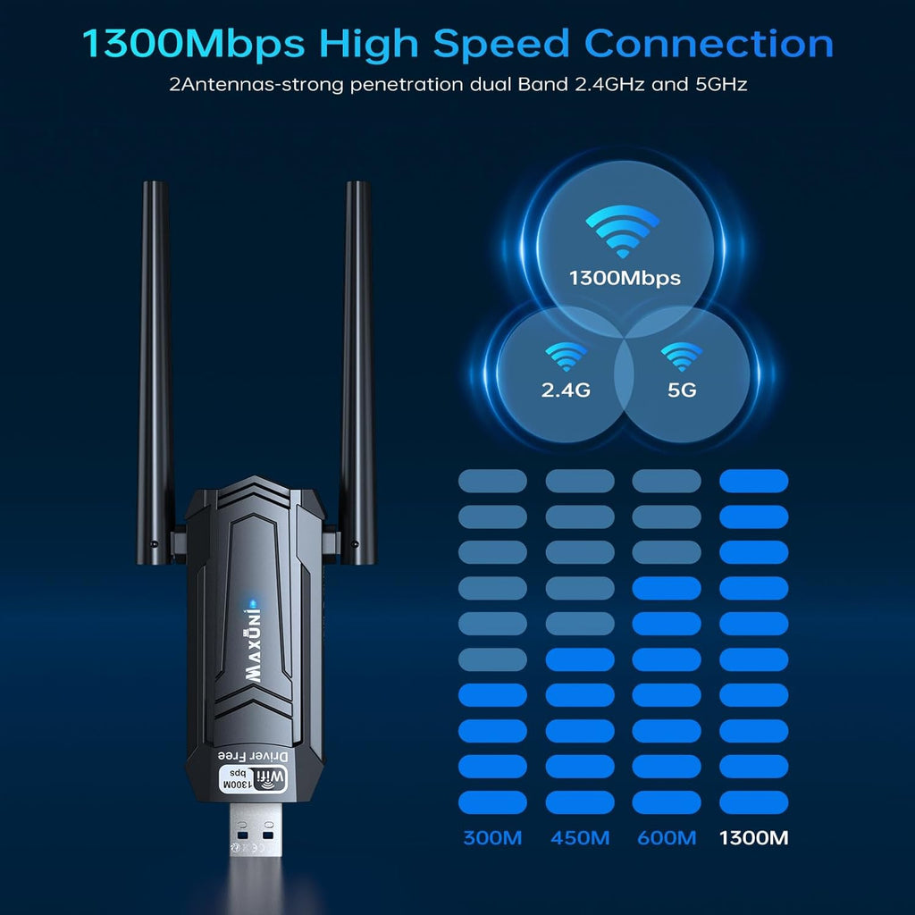AC1300Mbps Dual Band USB 3.0 WiFi Adapter with 2.4GHz/5GHz and Dual 5dBi Antennas W358
