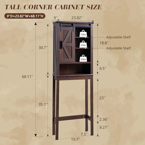 68" Tall Over The Toilet Storage Cabinet with Sliding Barn Door and Adjustable Shelves A469