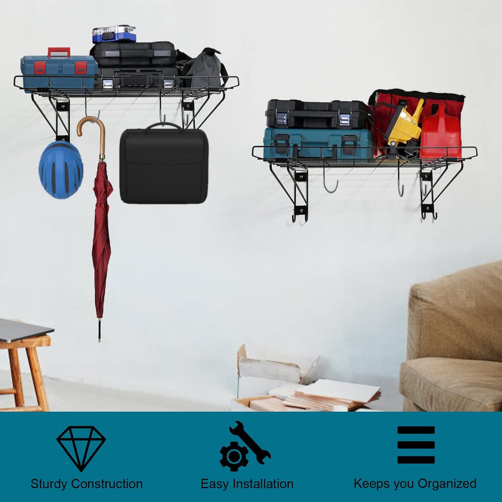 2-Pack Black Garage Wall Shelving with 6 Bike Hooks C639296