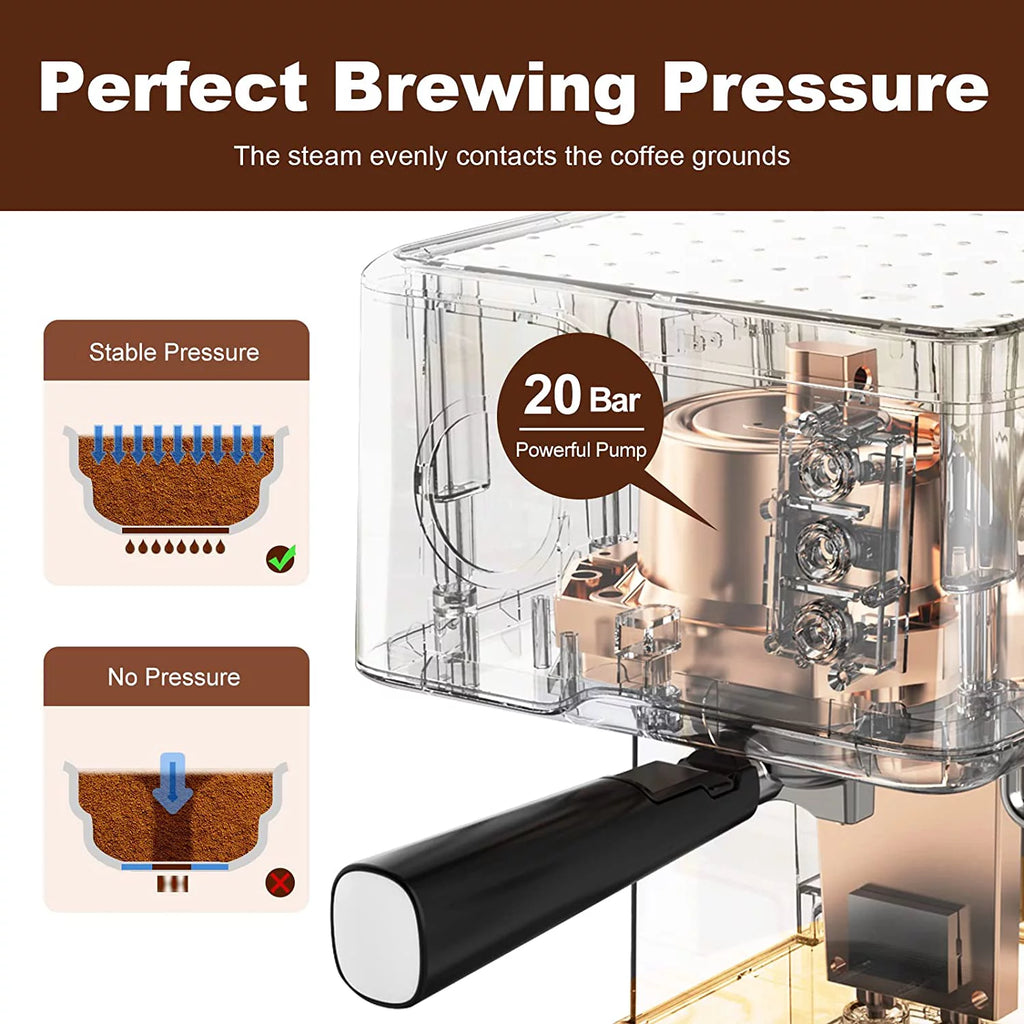 Black 20 Bar Espresso Coffee Machine with Milk Frother Steam Wand, 1.5L Water Tank T9410