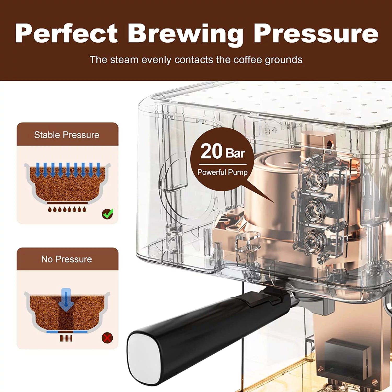 Black 20 Bar Espresso Coffee Machine with Milk Frother Steam Wand, 1.5L Water Tank T9410