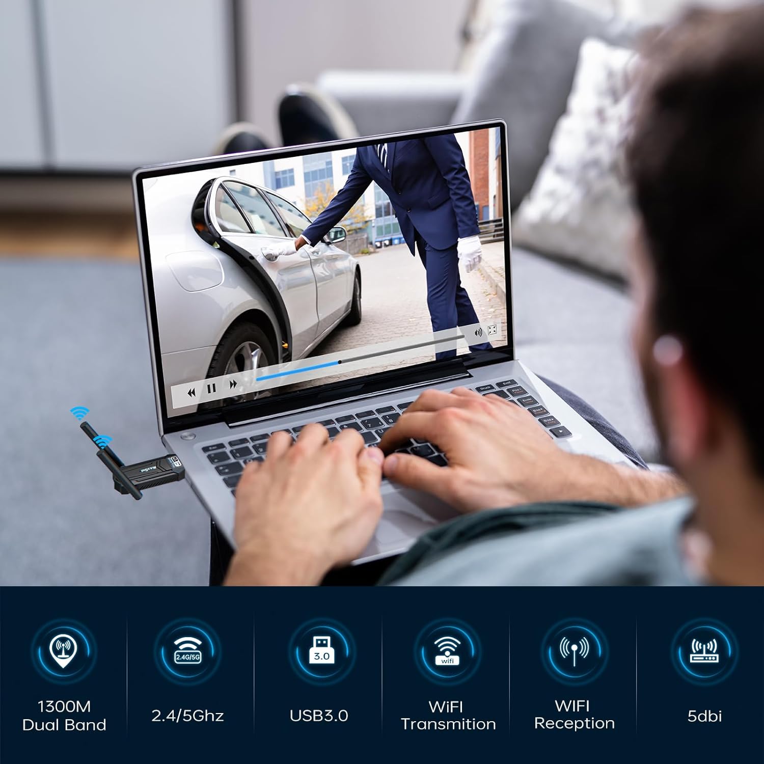AC1300Mbps Dual Band USB 3.0 WiFi Adapter with 2.4GHz/5GHz and Dual 5dBi Antennas W358