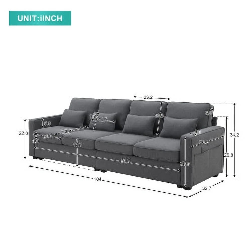 104" 4-Seater Linen Fabric Sofa with Armrest Pockets and 4 Pillows M493