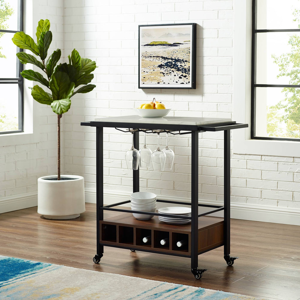 Faux White Marble Dark Walnut Serving Bar Cart L35025