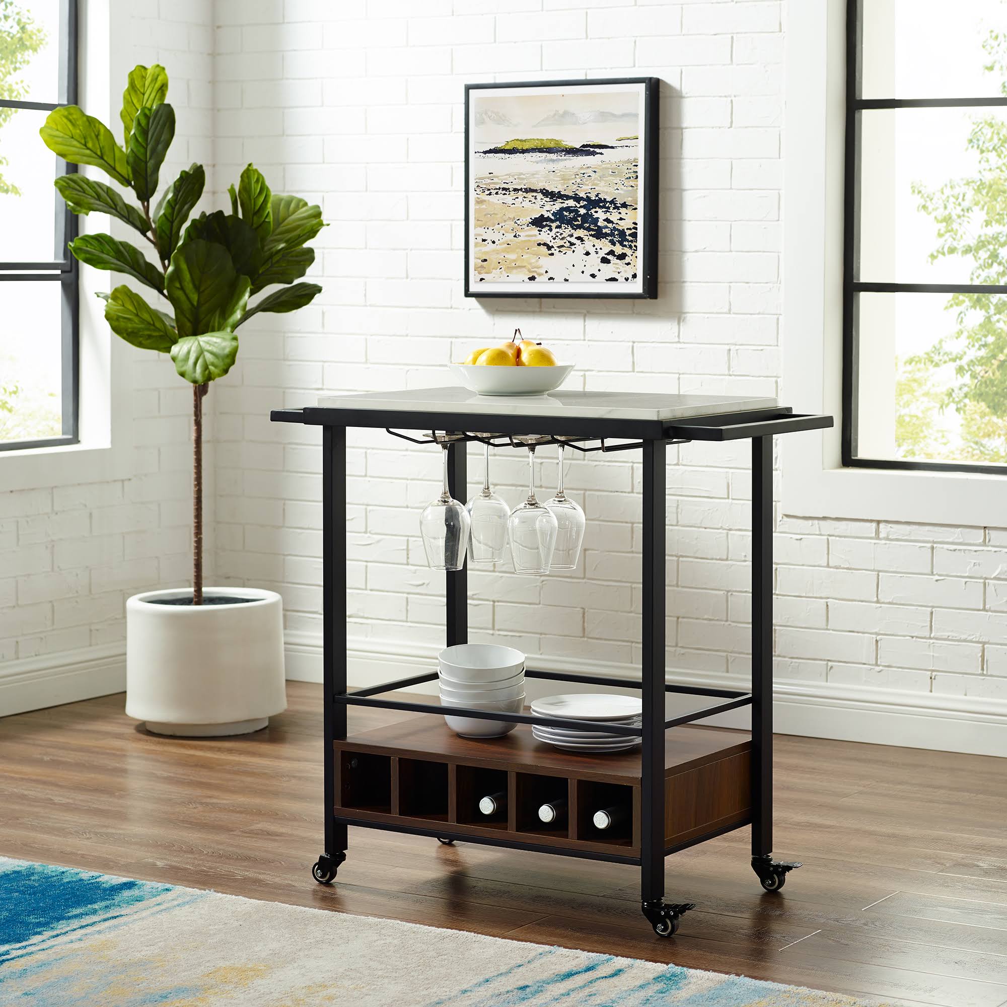 Faux White Marble Dark Walnut Serving Bar Cart L35025