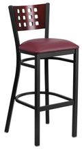 Black Cutout Back Metal Restaurant Barstool with Mahogany Wood Back and Burgundy Vinyl Seat Q3213