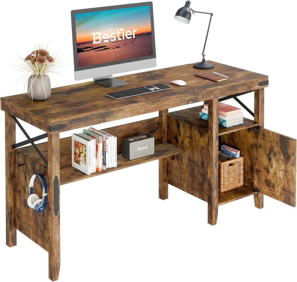 Gray Farmhouse Computer Desk with Storage Cabinet and Bookshelf B31091
