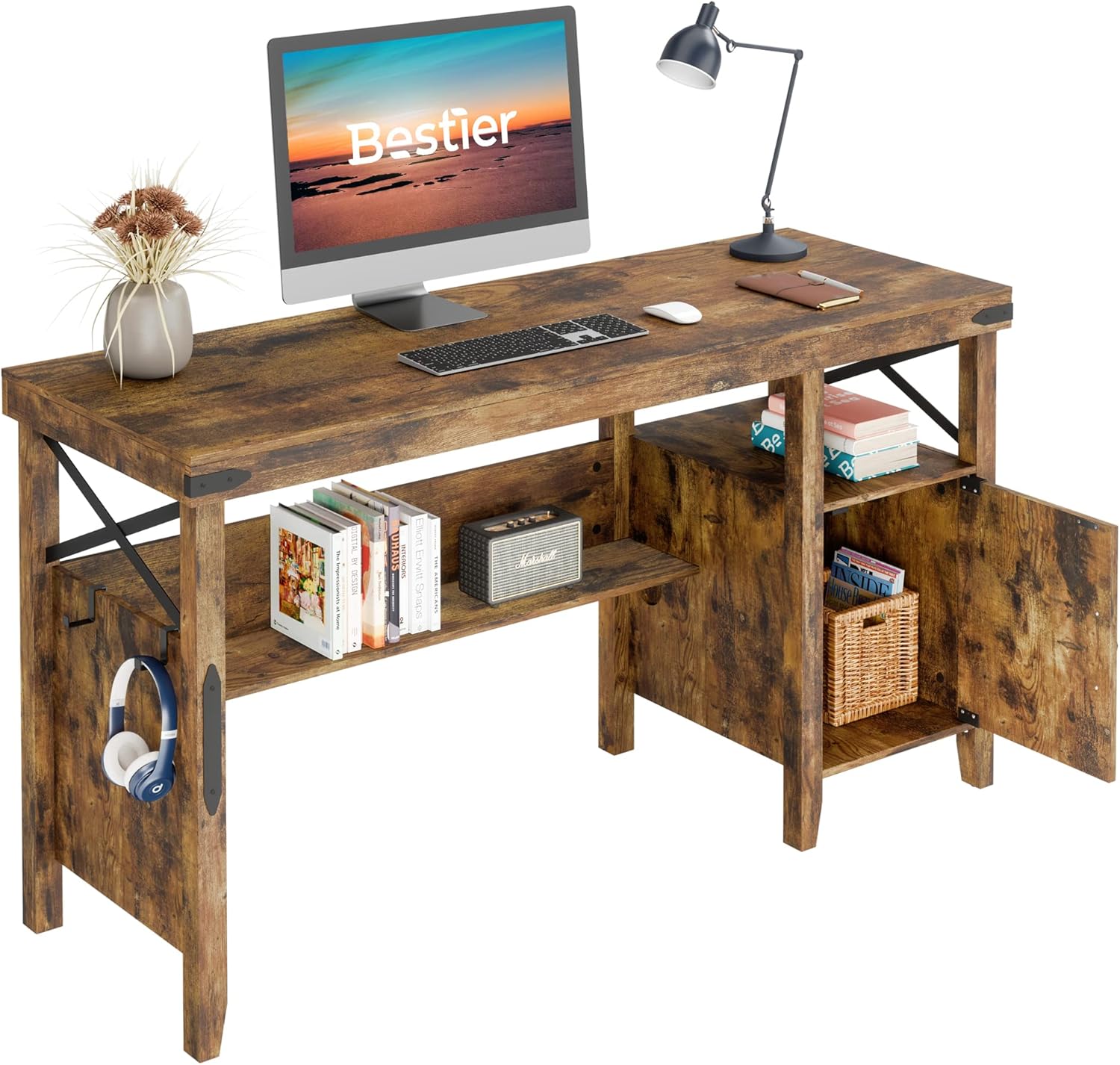 Gray Farmhouse Computer Desk with Storage Cabinet and Bookshelf B31091