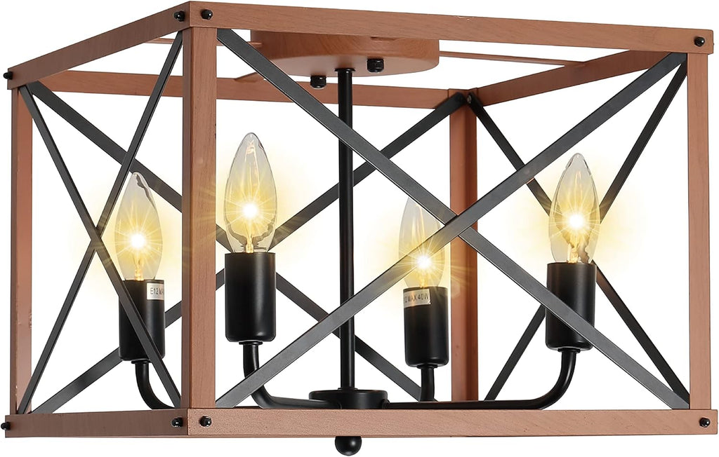 Retro Semi Flush Mount 4-Light Rectangle Wood Ceiling Light Fixture Q7504