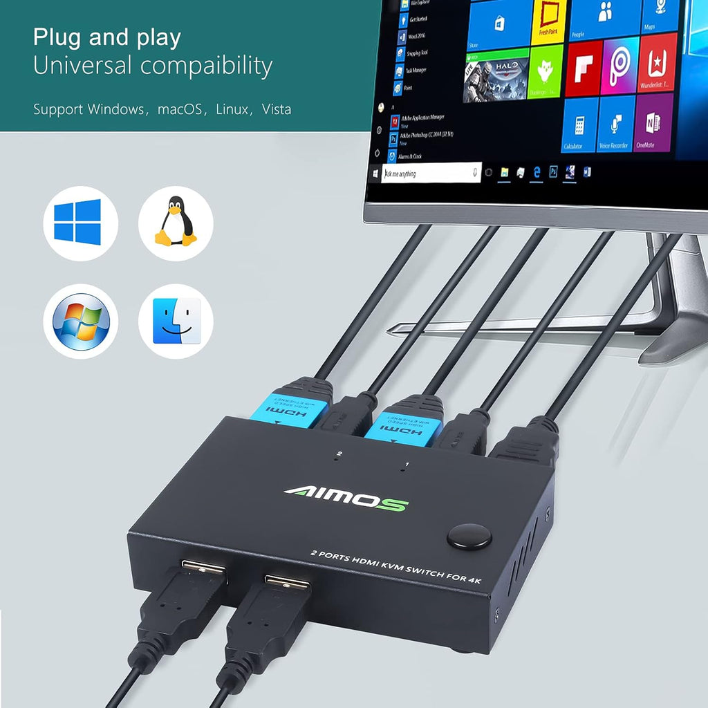 KVM Switch HDMI 2 Port 4K@30Hz with 2 HDMI Cable and 2 USB Cable A83338
