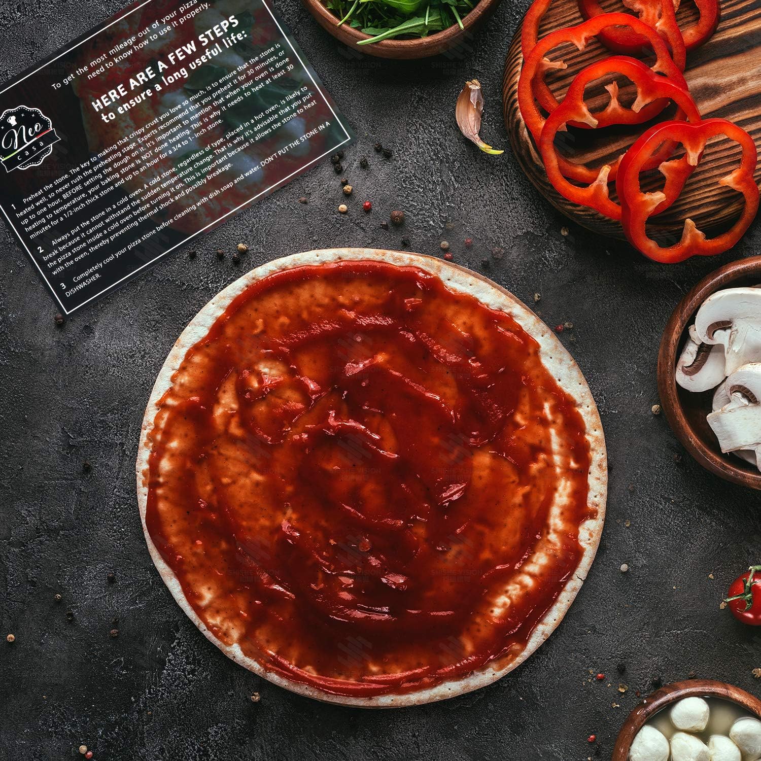 Black Cordierite Ceramic Coated Pizza Stone Pan Set with Bamboo Pizza Peel & Pizza Cutter W38336