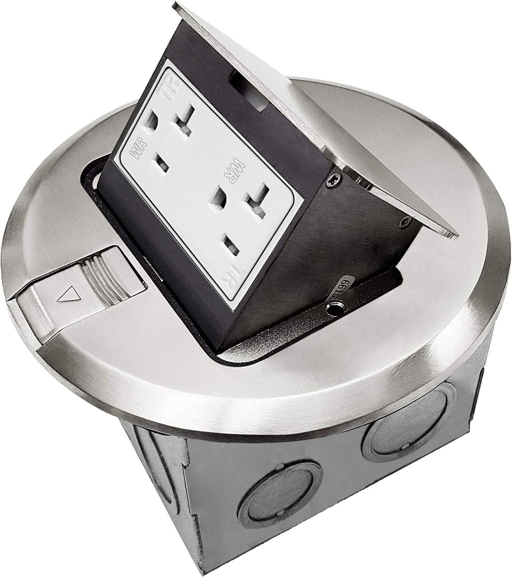 Round Pop-Up Floor Box Kit, 20A Tamper-Weather Resistant Receptacle Outlet, Nickel Plated Brass, Pack of 2 C341