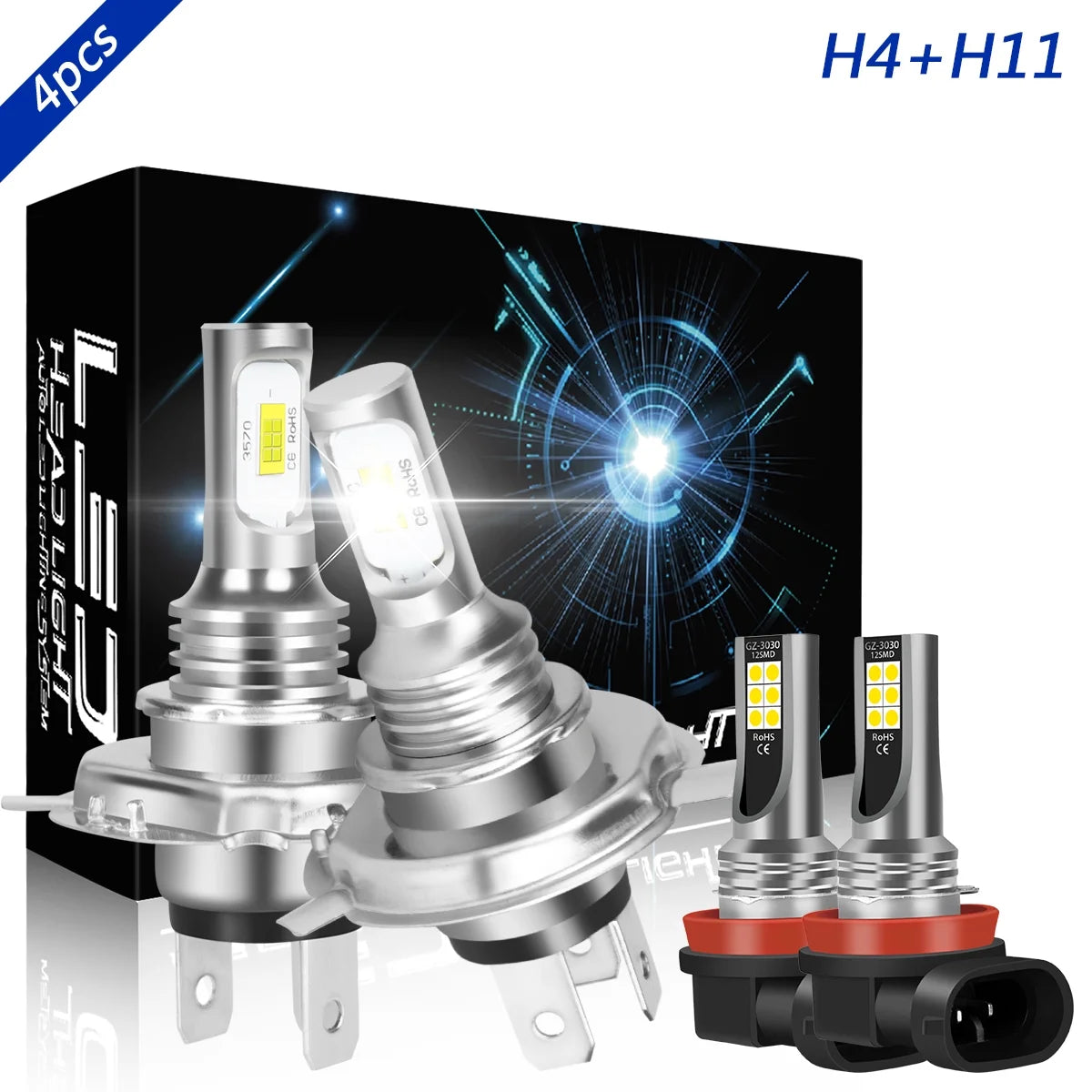 H4 High&Low Beam H11 Fog Light LED Headlight Bulb 6000K White 4x Z768609