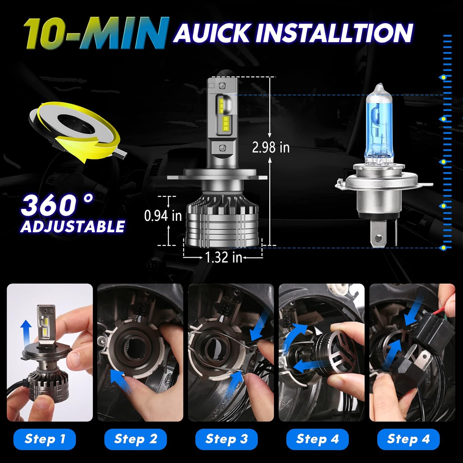 LED Headlight Bulbs Conversion Kit 6500K Cool White IP68 Waterproof, Pack of 2 W372973