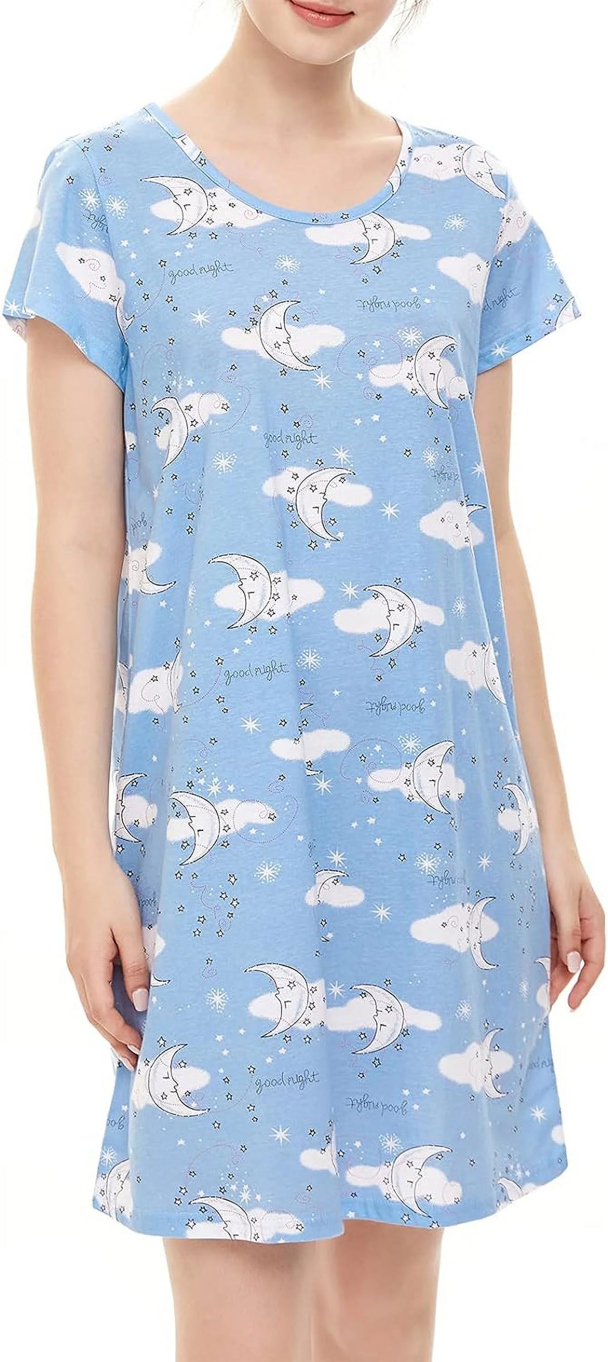 Women's Cotton Sleepshirt Short Sleeve Nightgown Blue Moon 2XL M2713