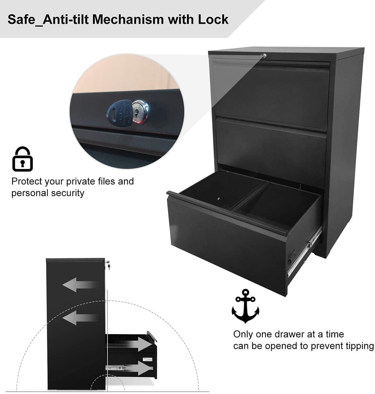 Black 3 Drawer Metal Lateral File Cabinet F763