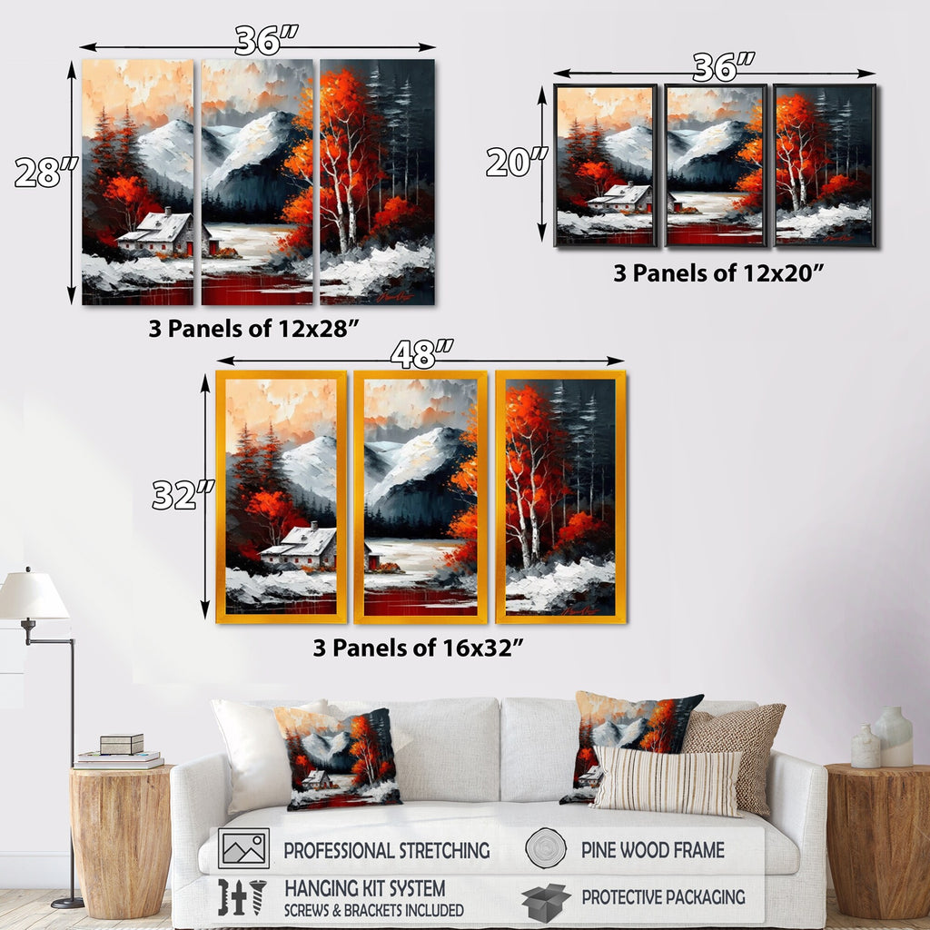 Cabin In The Woods In Winter V Lake House Cottage Canvas Art Print - 3 Panels 36 in. wide x 28 in. high H6174