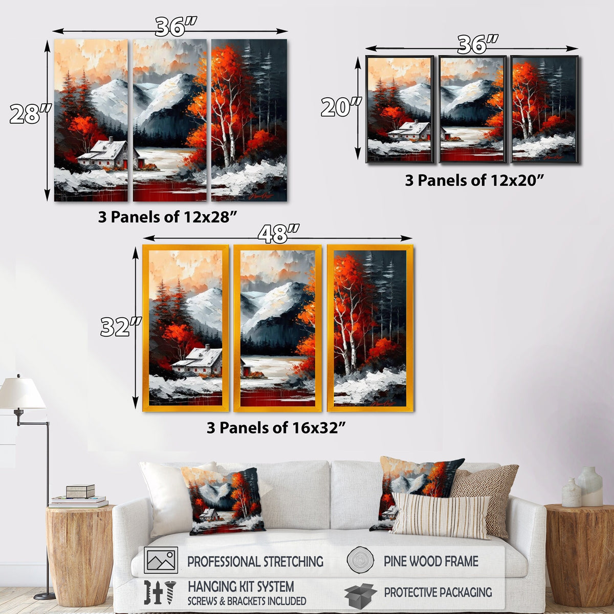 Cabin In The Woods In Winter V Lake House Cottage Canvas Art Print - 3 Panels 36 in. wide x 28 in. high H6174