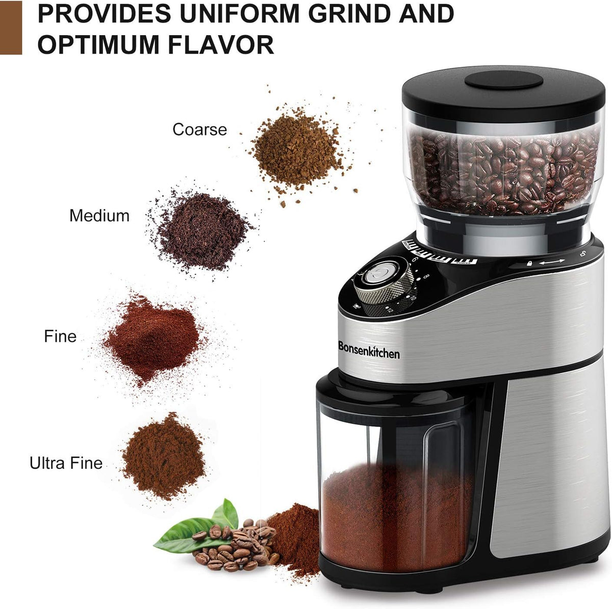 Stainless Steel Electric Conical Burr Coffee Grinder with 12 Grind Settings V24055