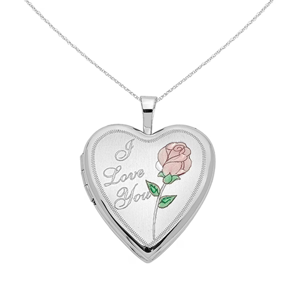 14 Karat White Gold Enamel Heart Locket on 18-inch Cable Rope Chain H548785