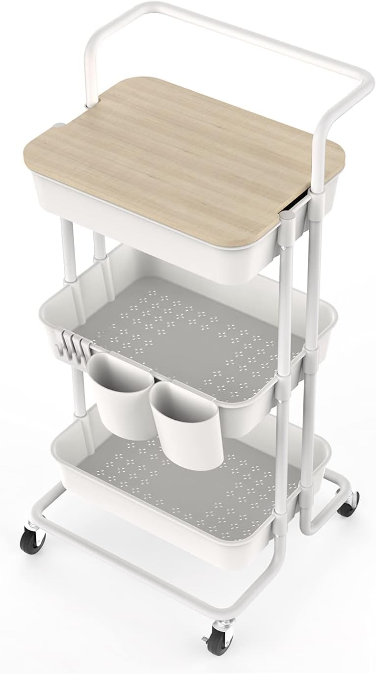 3 Tier Rolling Storage Cart with Cover Board, Handle and Locking Wheels L839185