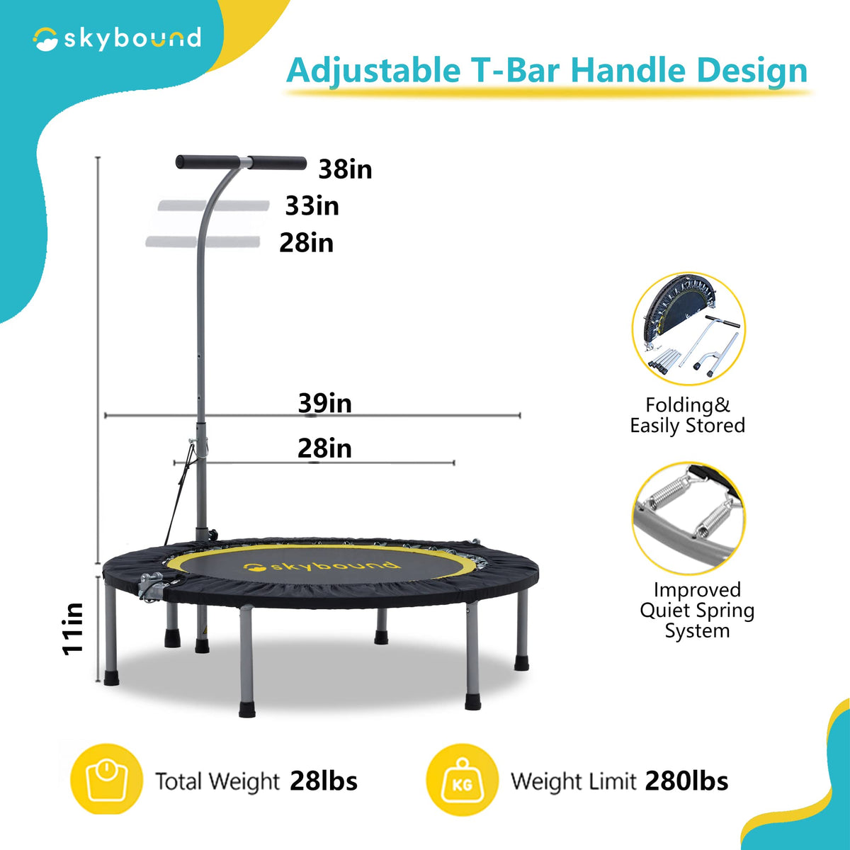 Foldable Mini Trampoline 39 Inch with Adjustable T-Bar Handle J3054