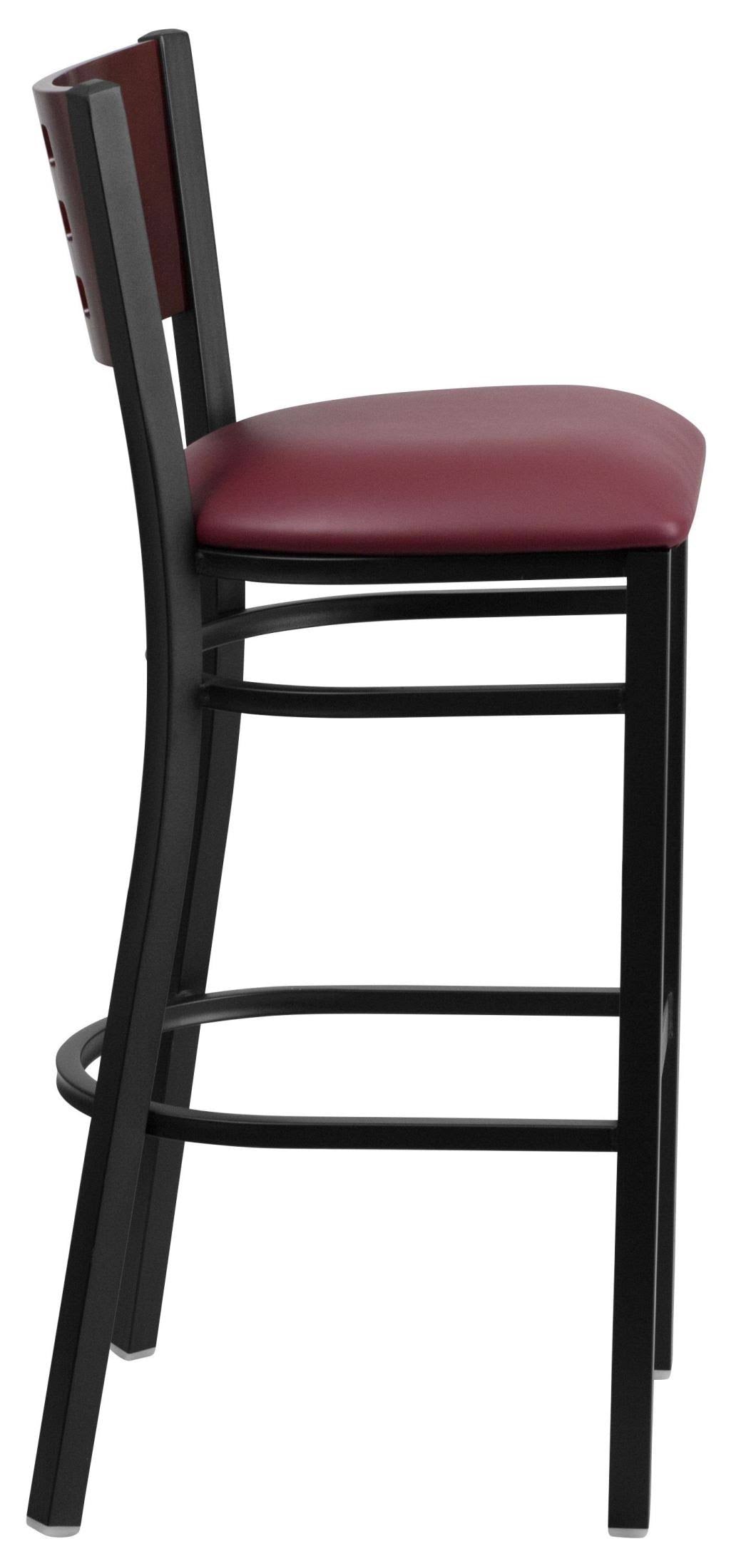 Black Cutout Back Metal Restaurant Barstool with Mahogany Wood Back and Burgundy Vinyl Seat Q3213