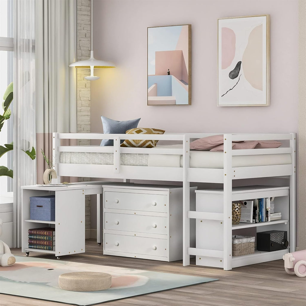 Twin Size Loft Bed with Desk and Storage Cabinet V3865