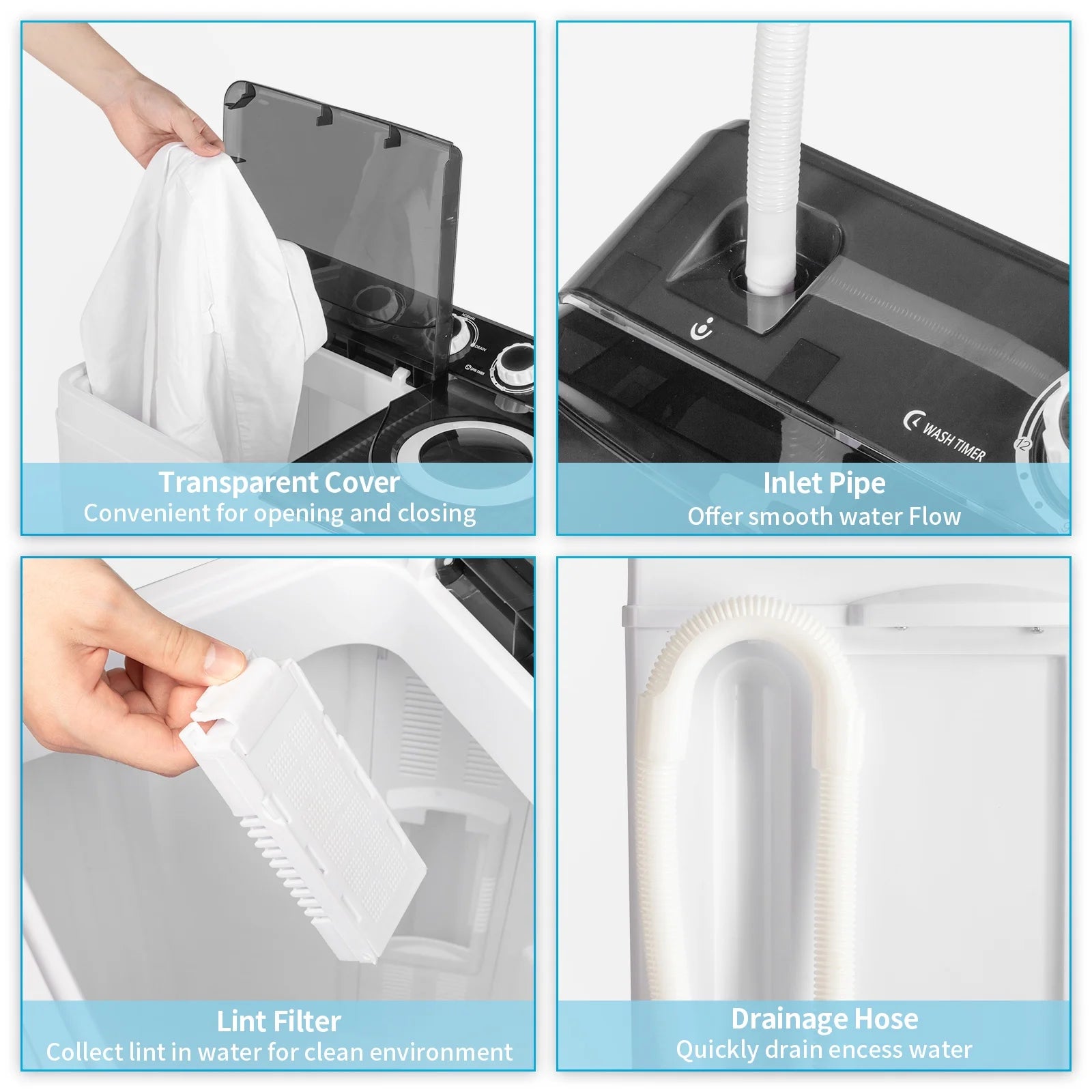 Semi-automatic Twin Tub Washing Machine with Built-in Drain Pump, White&Black S4765