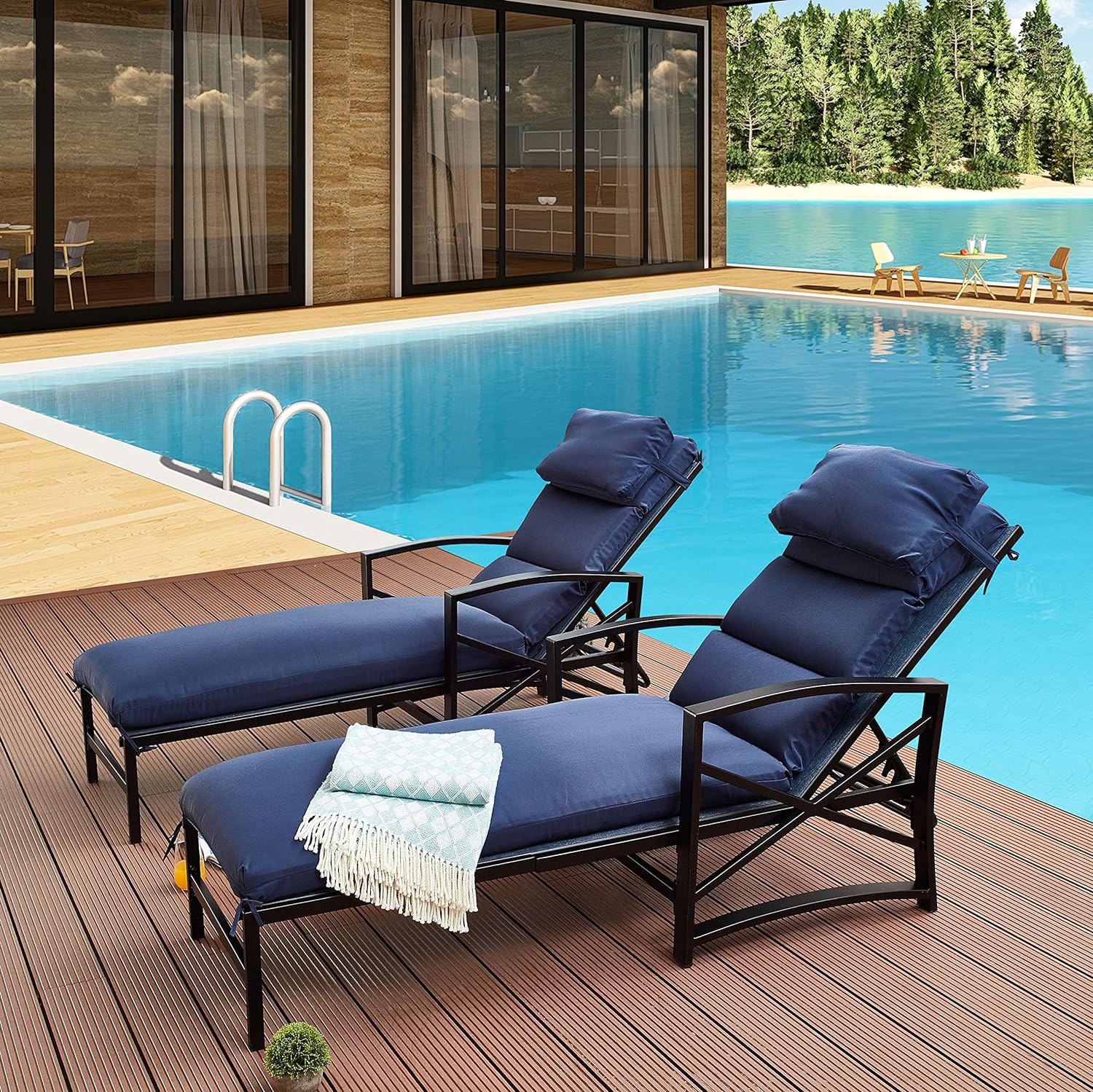 2 Piece Patio Chaise Lounge Chair Set with Cushions, Blue L17798