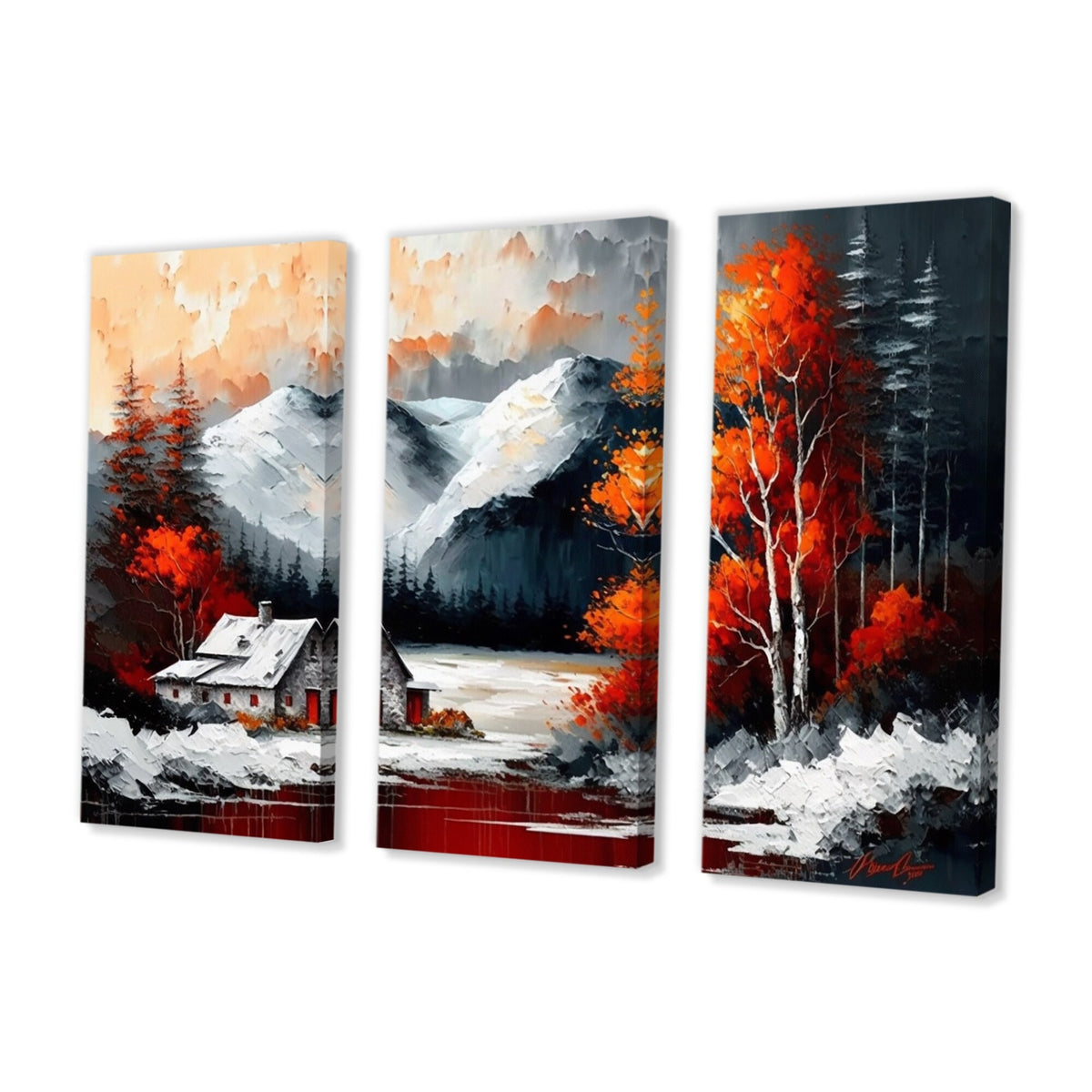 Cabin In The Woods In Winter V Lake House Cottage Canvas Art Print - 3 Panels 36 in. wide x 28 in. high H6174