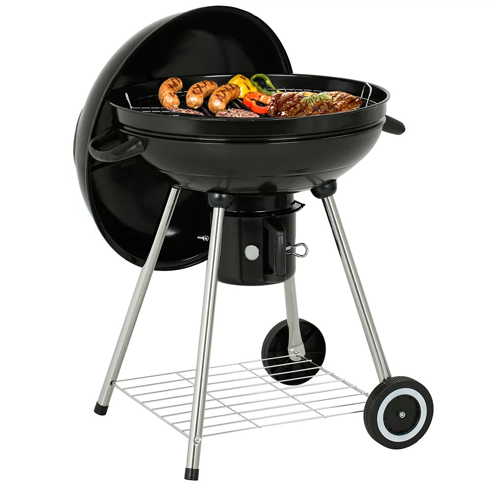 22" Round Portable Charcoal Kettle Grill With 2 Wheels, Black U175609
